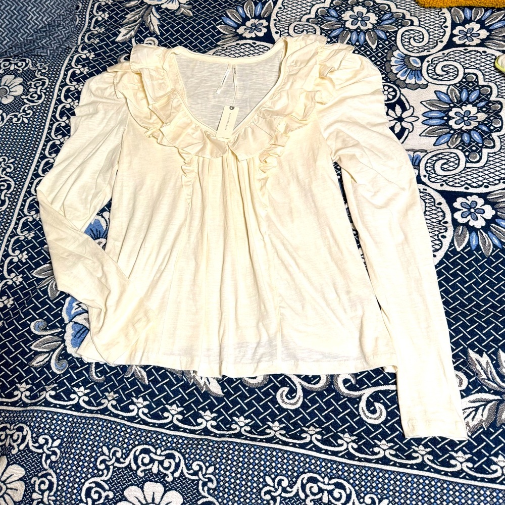 NWT Anthropologie Cream Ruffled Bib Collar Blouse